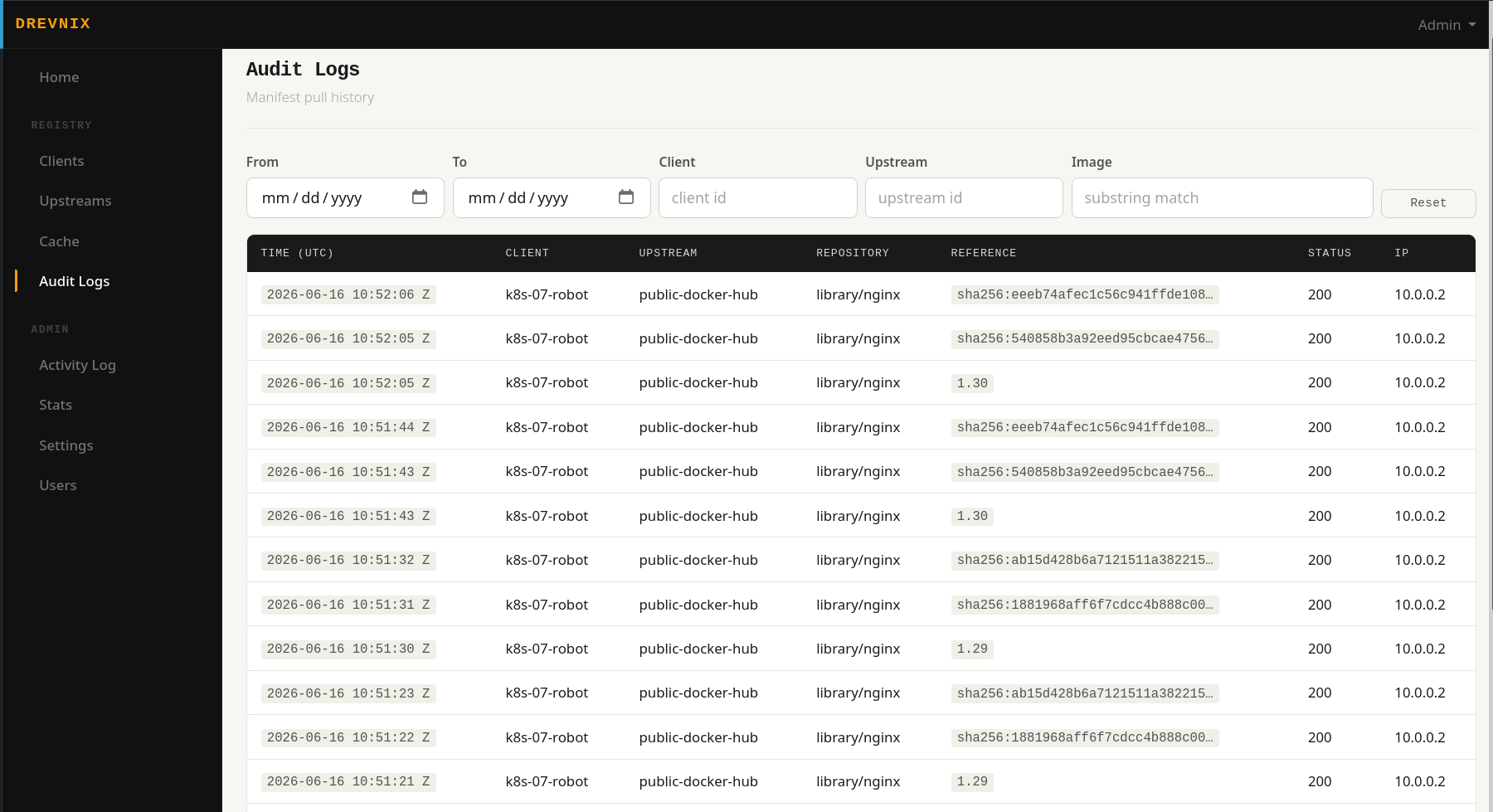 Drevnix audit logs page